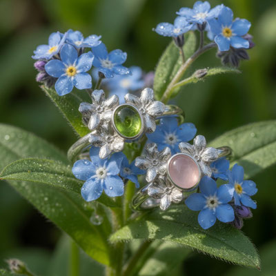 Vergissmeinnicht Ring mit Rosenquarz