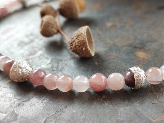 Kurze Eichelhütchen Kette mit Rose Quarz
